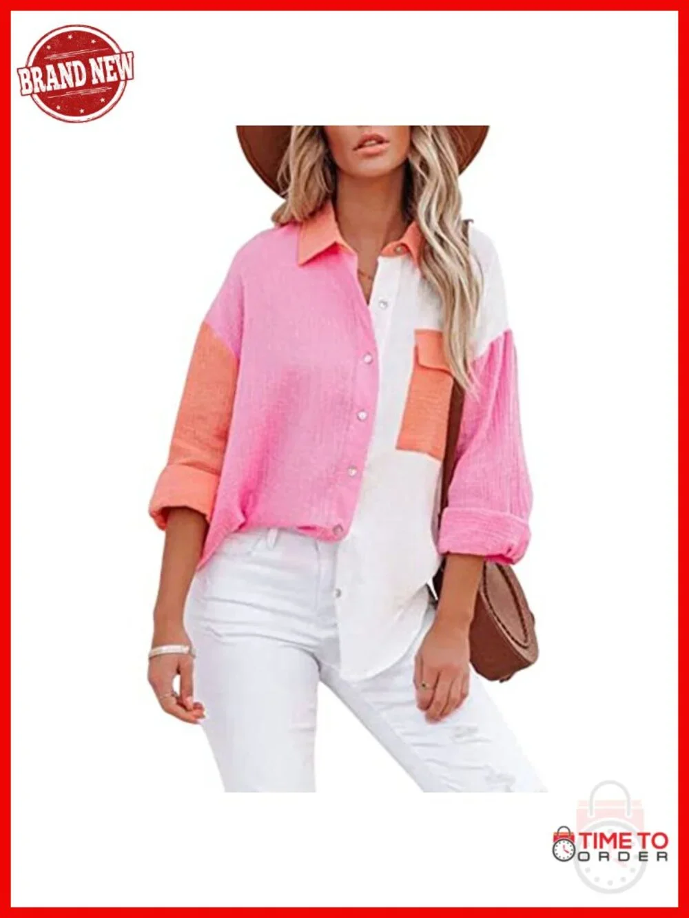 Color Block Long Sleeve Button Down Boyfriend Shirt Blouses